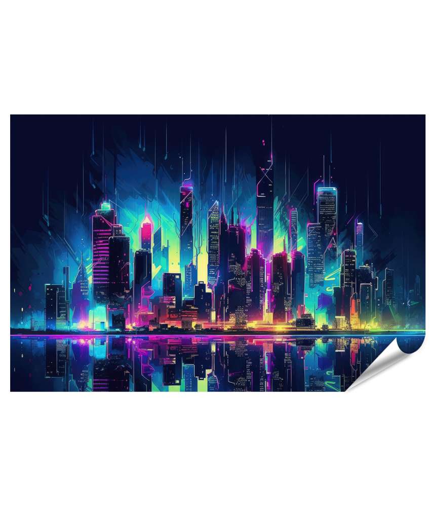 Islandburner XXL Premium Poster Dunkle Stadtsilhouette im Cyberpunk-Stil mit leuchtenden Neonlichtern