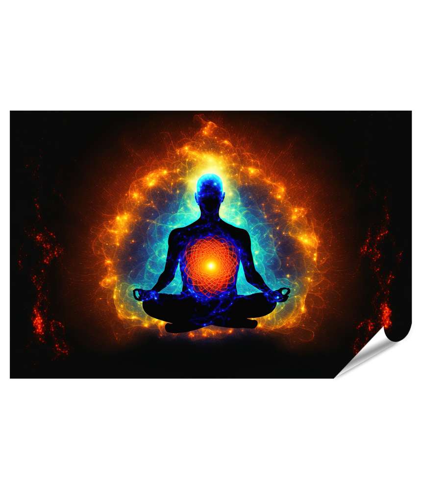 Islandburner XXL Premium Poster Meditative Darstellung des Universums mit Yoga-Lotuspose und Chakrenheilung