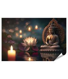 XXL Premium Poster Buddha-Statue, Lotusblume und Kerzenlicht zum Vesak-Buddha Purnima Tag