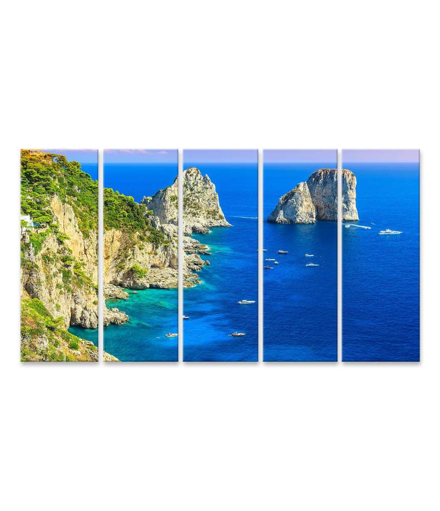 Islandburner Bild auf Leinwand Panoramisches Wandbild von Capri Insel, Strand und Faraglioni Klippen, Italien