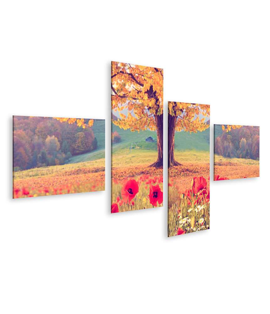 Islandburner Bild auf Leinwand Herbstliche Landschaft mit Mohnblumen und Baum in wundervollen Farben