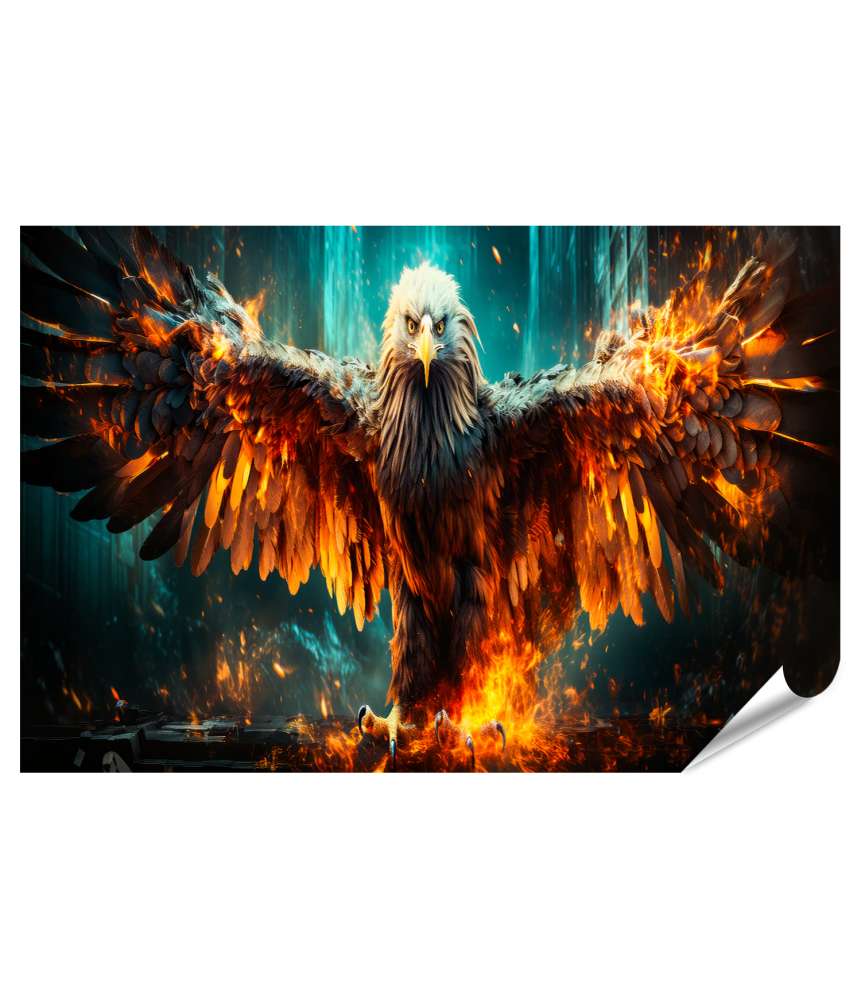 Islandburner XXL Premium Poster Majestätischer Adler, stolz vor leuchtenden Flammen posierend