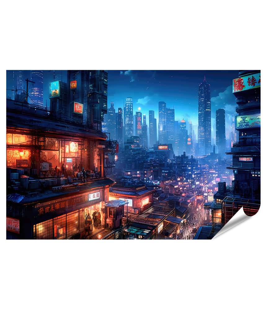 XXL Premium Poster Anime-inspiriertes Cyberpunk-Stadtbild in digitaler Nachtlandschaft
