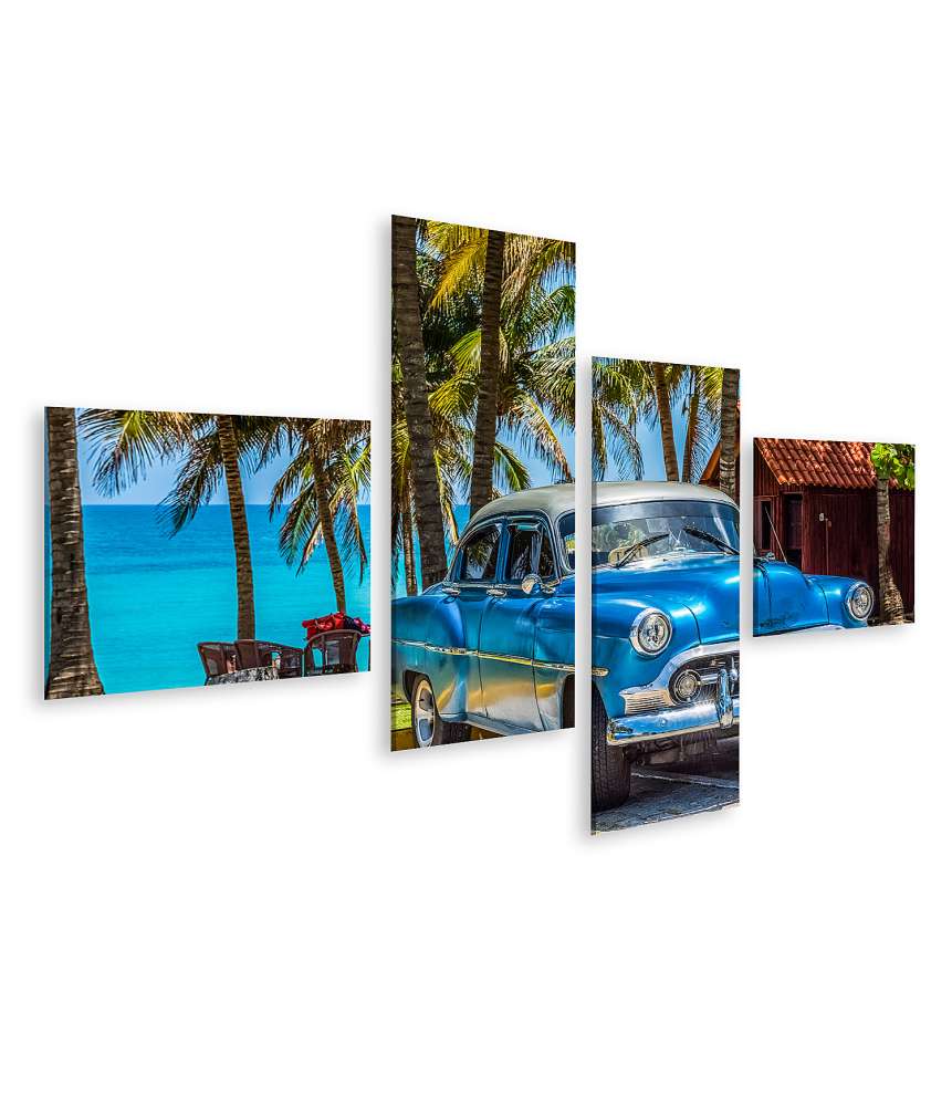 Islandburner Bild auf Leinwand Blauer Oldtimer mit Silberdach am Strand von Varadero, Kuba