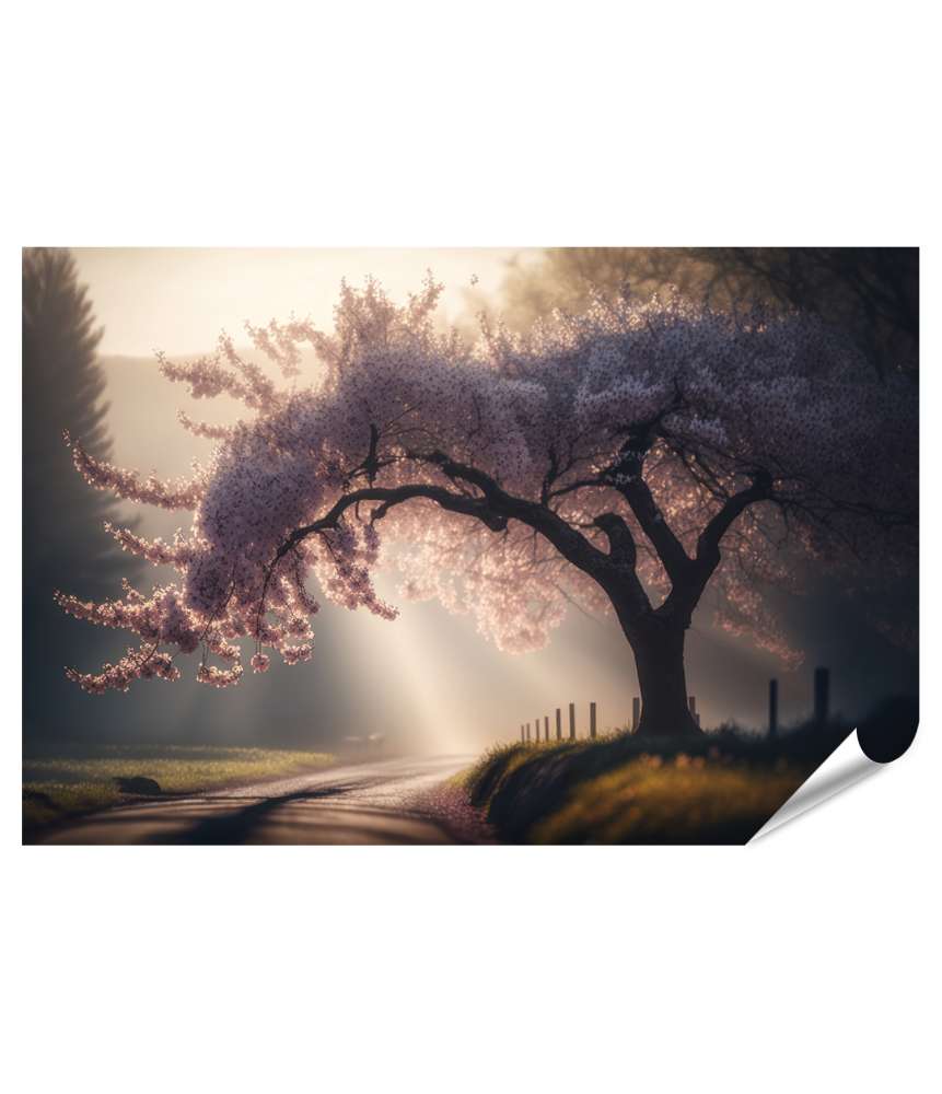 Islandburner XXL Premium Poster Zartrosa Sakura-Baum im Frühlingsnebel Japans erblüht bei Morgendämmerung