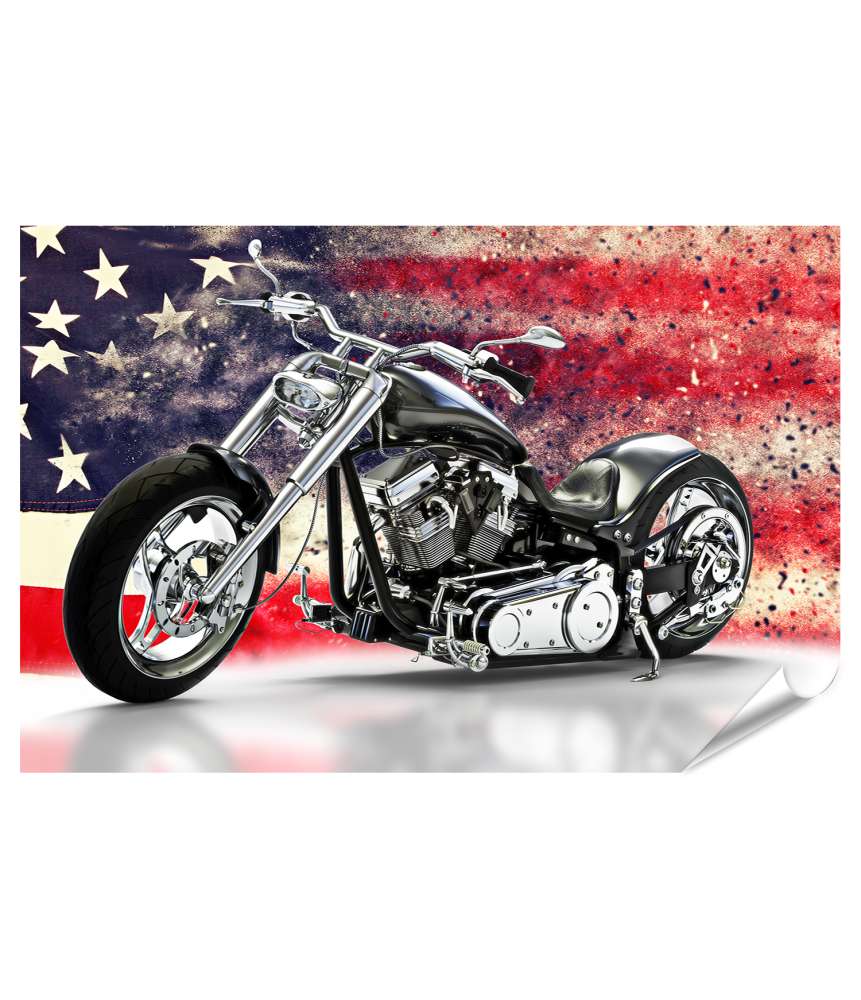 Islandburner XXL Premium Poster Schwarzes Motorrad mit amerikanischer Flagge, ideal für Harley Davidson