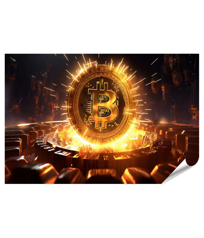 Islandburner XXL Premium Poster Monumentales Wandbild einer goldenen Bitcoin-Münze