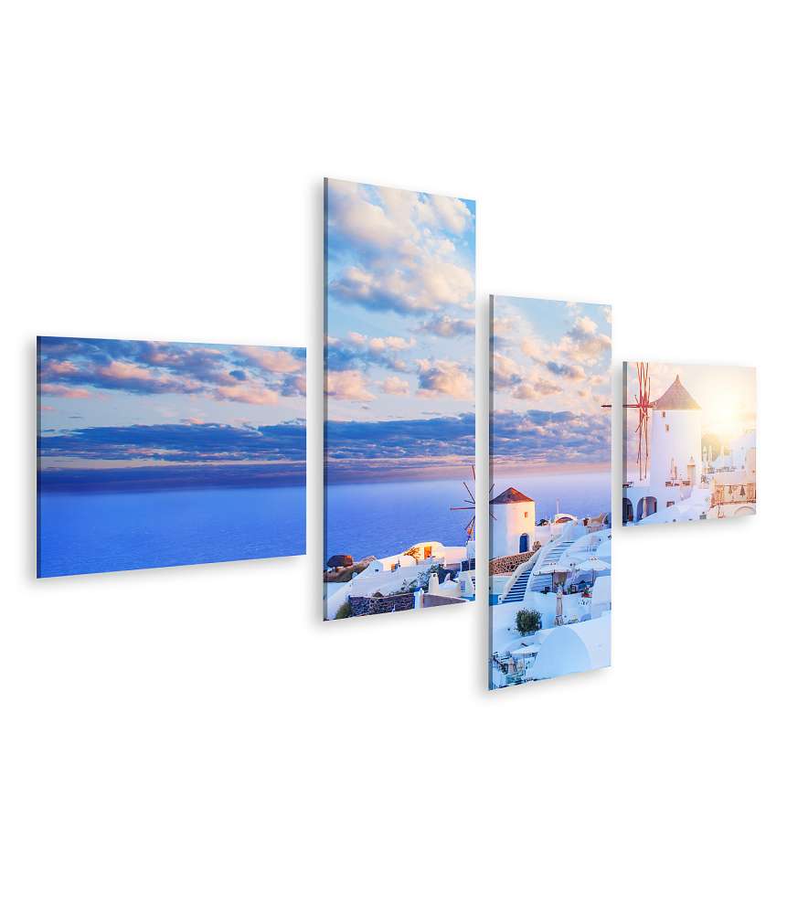 Islandburner Bild auf Leinwand Santorini-Skyline mit blauem Himmel, Wolken und Oia-Stadt, Griechenland