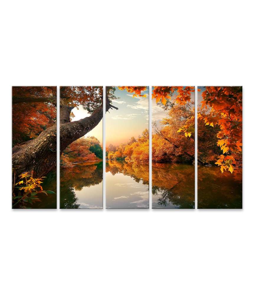 Islandburner Bild auf Leinwand Herbstlicher Wald mit orangefarbenem Fluss, Wandbild 130A