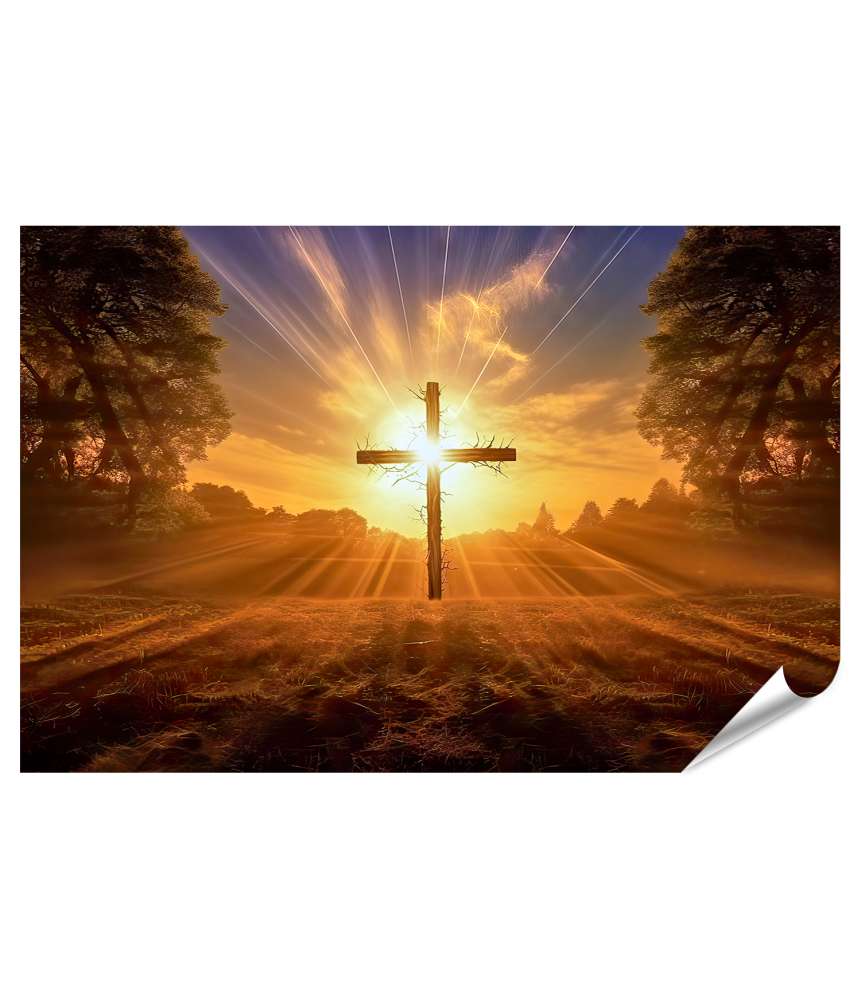 XXL Premium Poster Hintergrundbeleuchtetes großes Kreuz mit Sonnenstrahlen hinter Christus