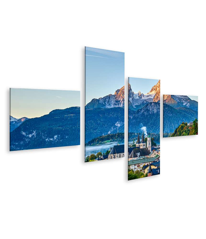 Islandburner Bild auf Leinwand Berg Watzmann über der malerischen Stadt Berchtesgaden in den Bayerischen Alpen