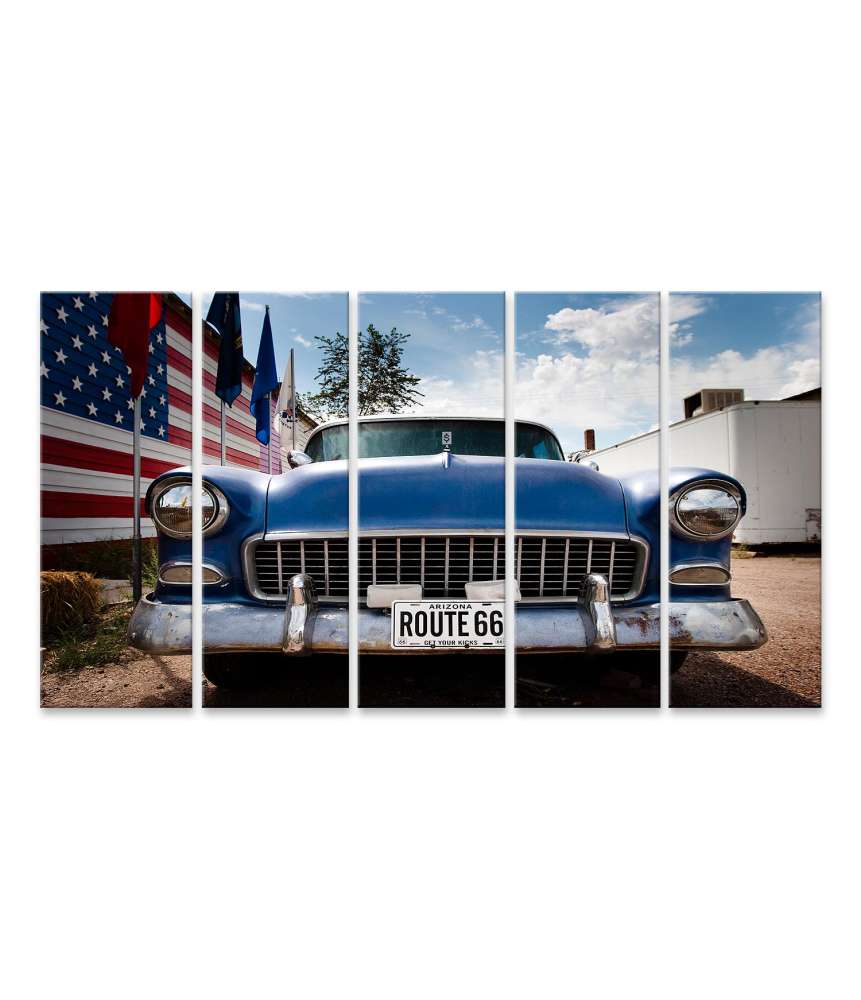 Islandburner Bild auf Leinwand USA-Flagge, Route 66 und amerikanisches Auto Wandbild