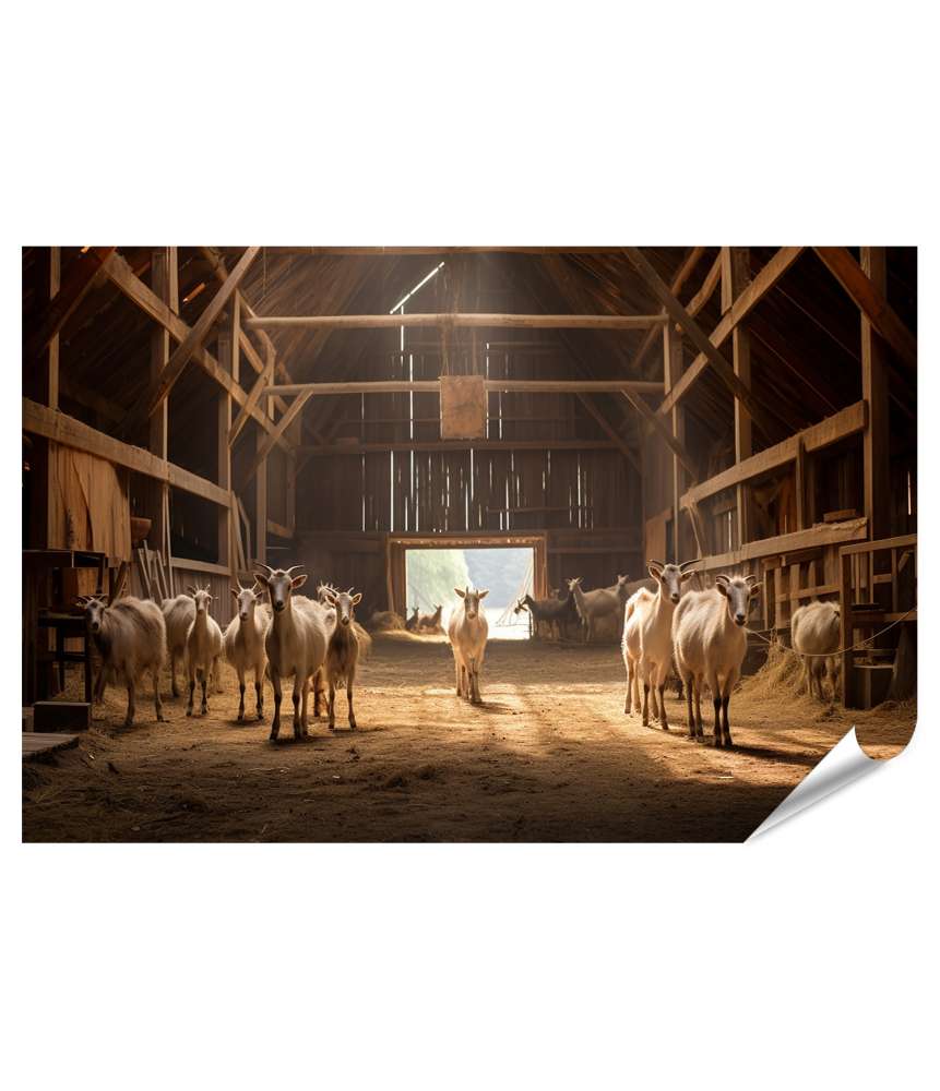 XXL Premium Poster Wandbild eines Hauses, Ziegen auf einer Naturwiese und einem Stall