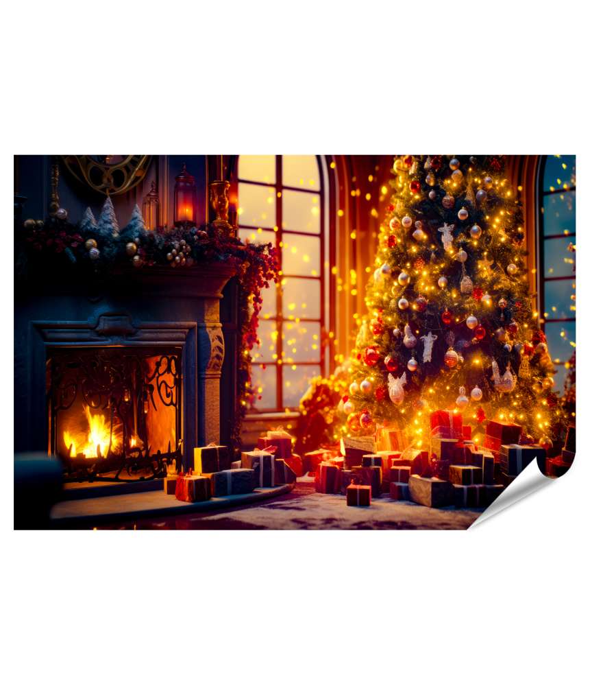 Islandburner XXL Premium Poster Festlich geschmückter Weihnachtsbaum neben Kamin, Geschenke darunter im Wohnzimmer