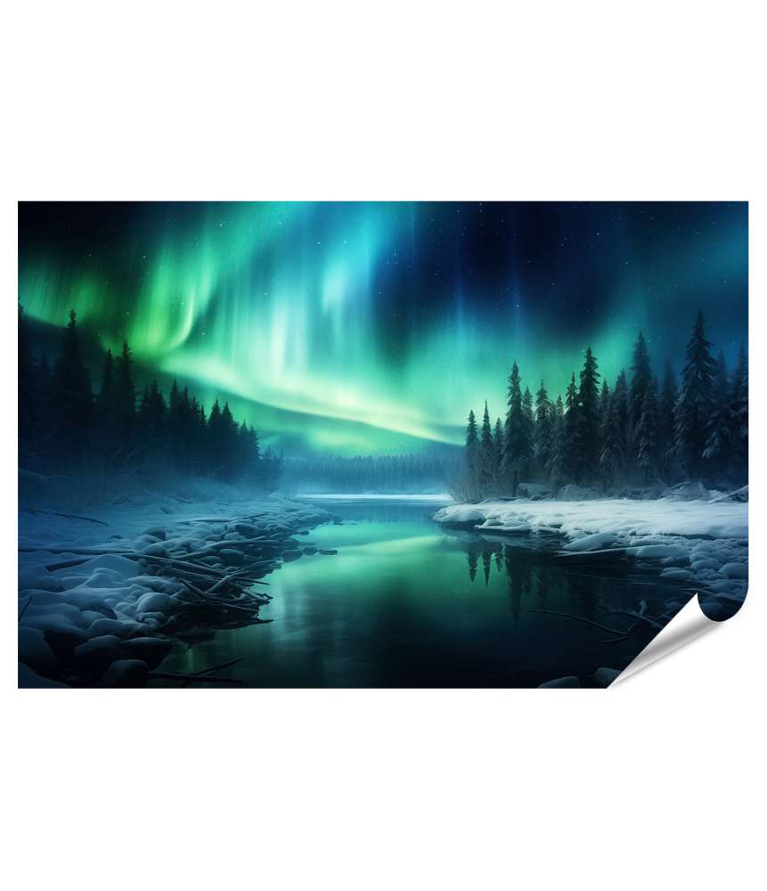 Islandburner XXL Premium Poster Malerische Winterlandschaft bei Nacht mit Aurora Borealis