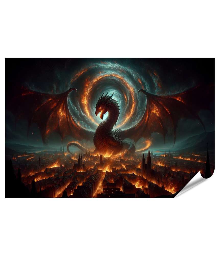 Islandburner XXL Premium Poster Fantastischer Drache speit Feuer über einer lodernden Stadt