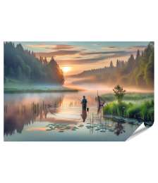 XXL Premium Poster Ein Angler im nebligen Fluss während des malerischen Sonnenaufgangs