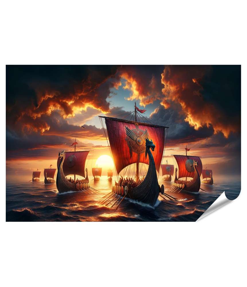 Islandburner XXL Premium Poster Sonnenuntergangsflotte: Bereitstehende Wikinger-Langschiffe vor spektakulärem Abendrot