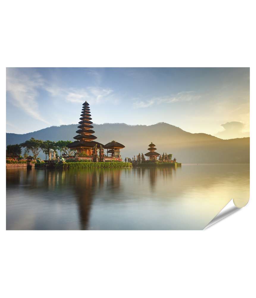 Islandburner XXL Premium Poster Panorama des Pura Ulun Danu Tempels bei Sonnenaufgang am See Bratan, Bali