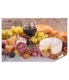 XXL Premium Poster Darstellung von Wein, Käse, Wurst und Brot auf einem Wandbild