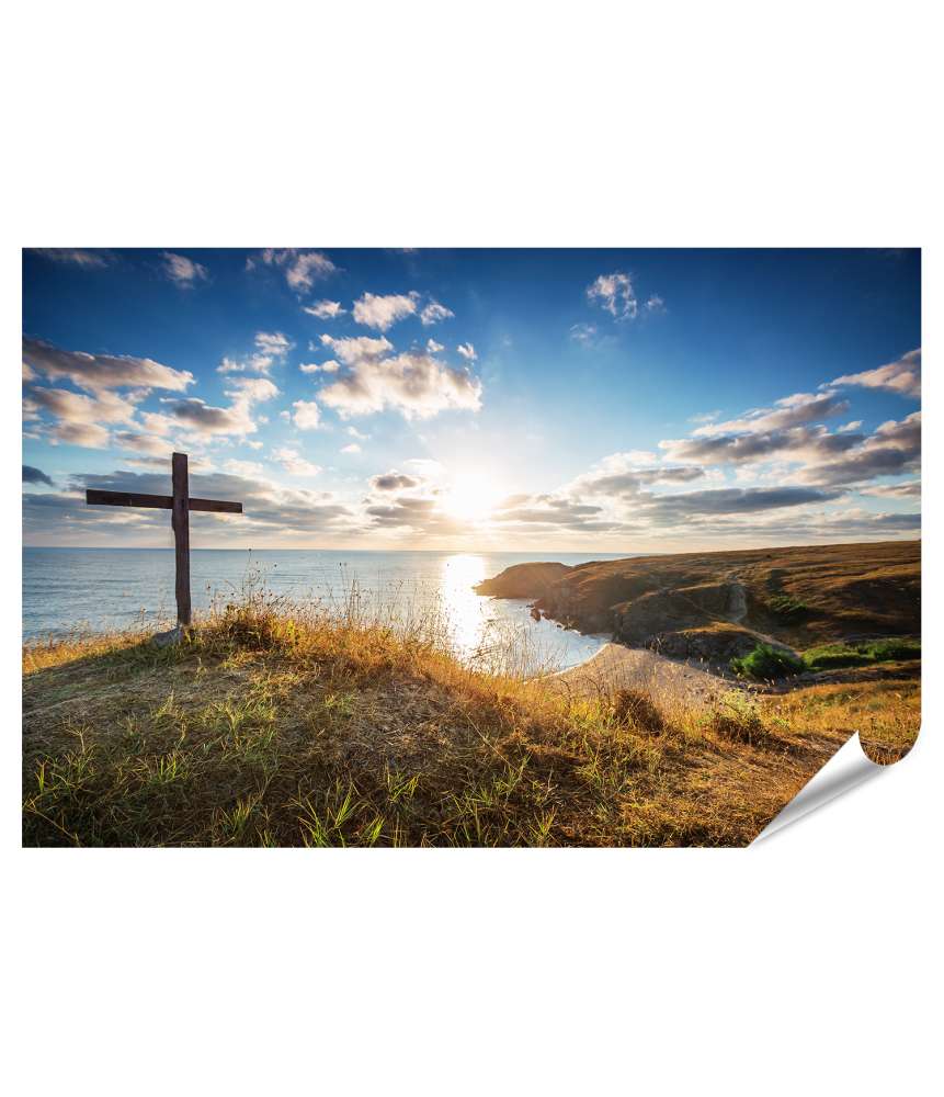 XXL Premium Poster Christliches Kreuz auf abgelegenem Strand vor spektakulärer Sonnenkulisse