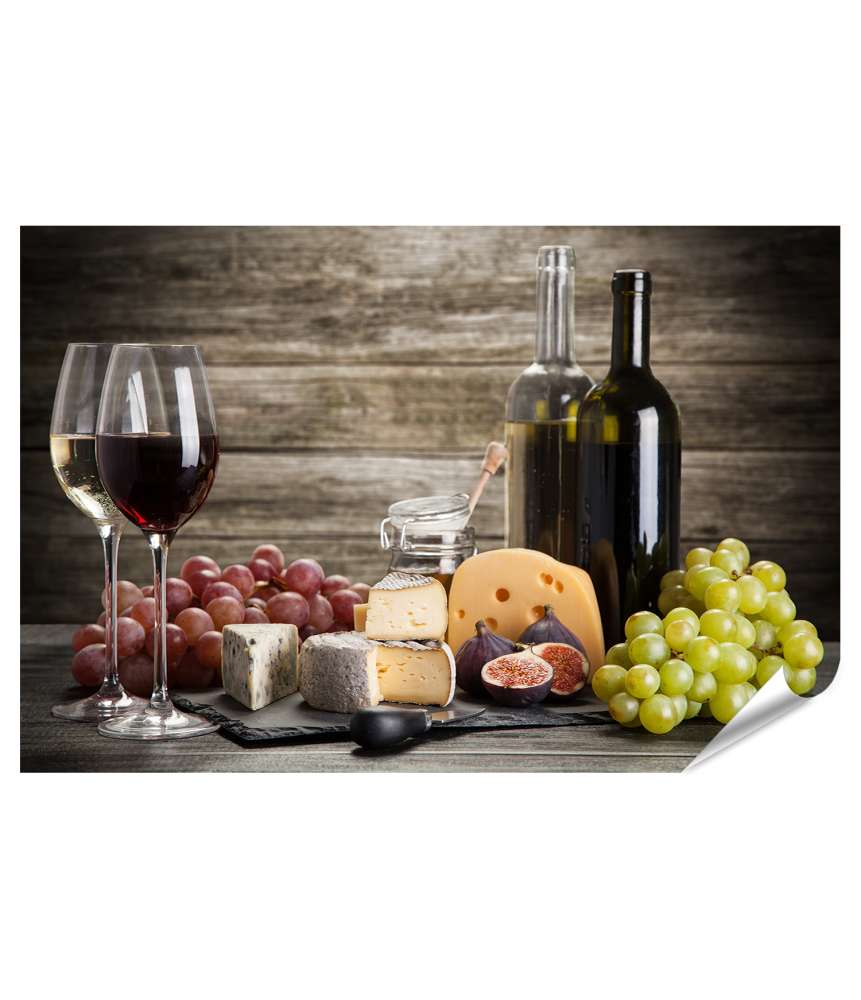 XXL Premium Poster Stimmungsvolles Stillleben mit Weinflasche und Käse
