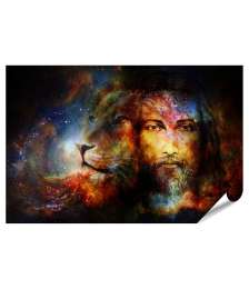 XXL Premium Poster Jesus und Löwe im kosmischen Raum: Intensiver Blickkontakt auf Wandbild