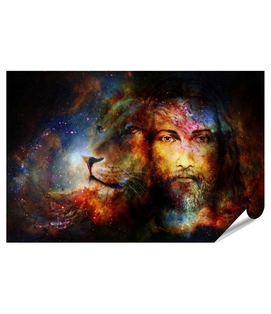 XXL Premium Poster Jesus und Löwe im kosmischen Raum: Intensiver Blickkontakt auf Wandbild