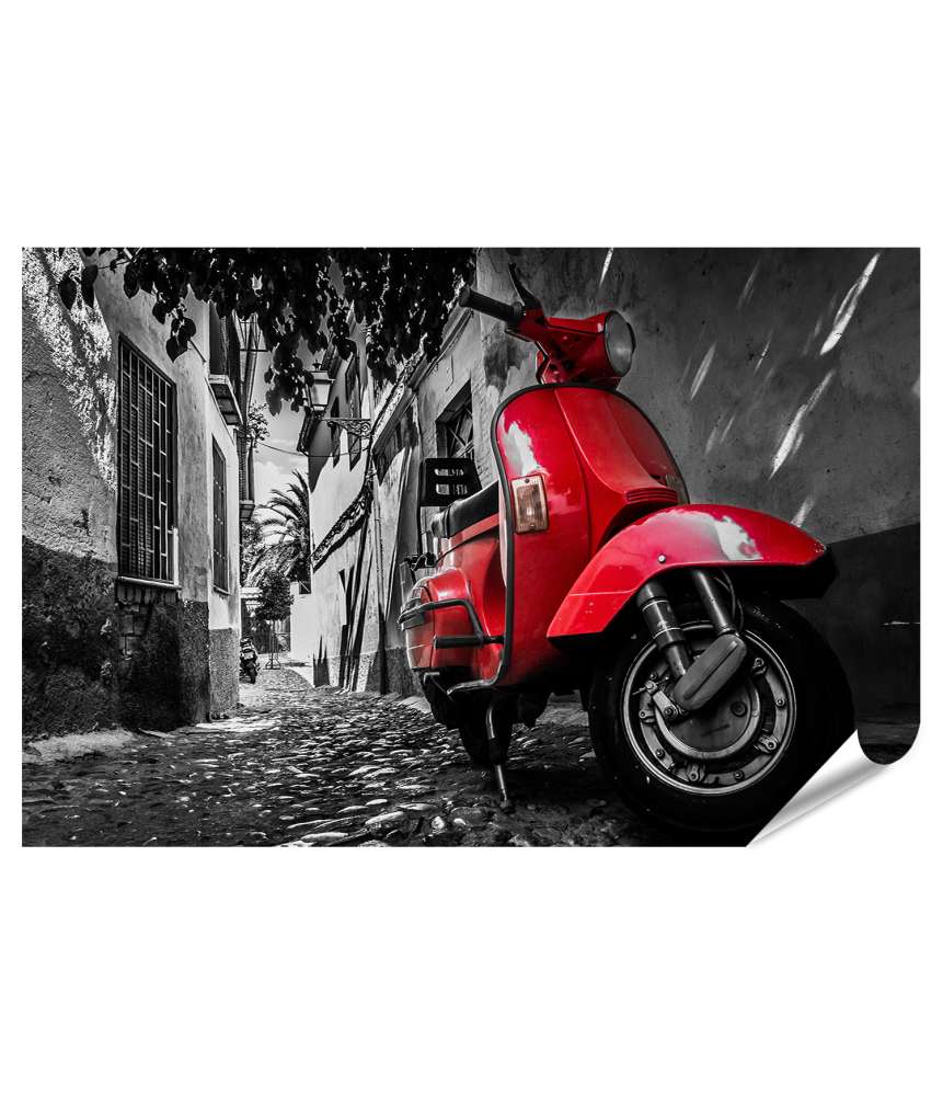 XXL Premium Poster Vespa-Roller in leuchtendem Rot auf gepflasterter Straße geparkt