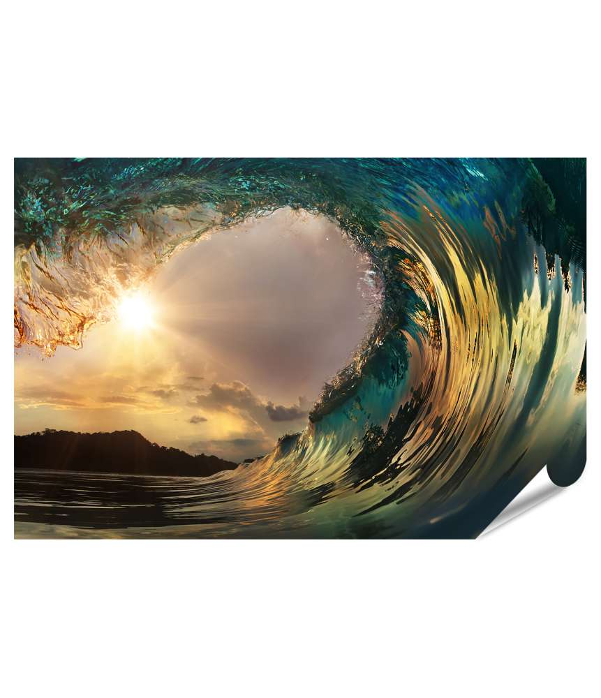 Islandburner XXL Premium Poster Atemberaubendes Wandbild einer Surf-Welle zum Sonnenuntergang am Ozeanstrand