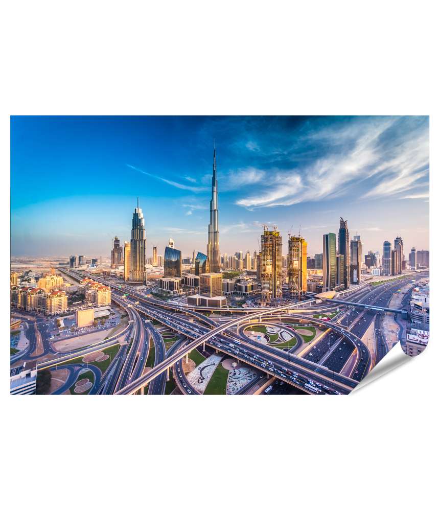 Islandburner XXL Premium Poster Atemberaubendes Wandbild der belebten Skyline Dubais neben einer Autobahn