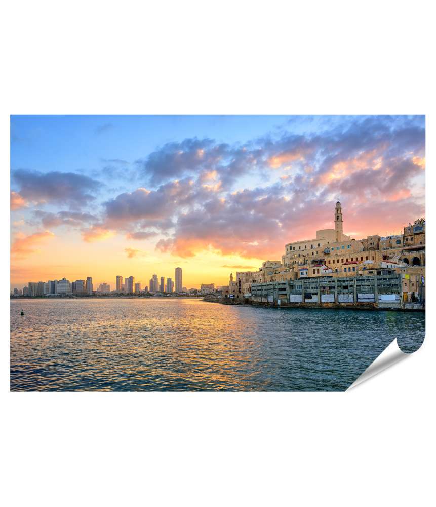 Islandburner XXL Premium Poster Sonnenbeleuchtete Altstadt Jaffa und moderne Skyline von Tel Aviv