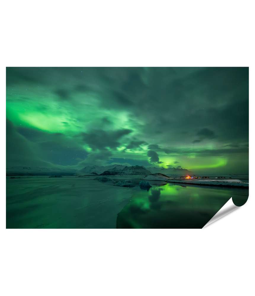 Islandburner XXL Premium Poster Atemberaubende Aurora Borealis über der Jokulsarlon-Lagune in Island