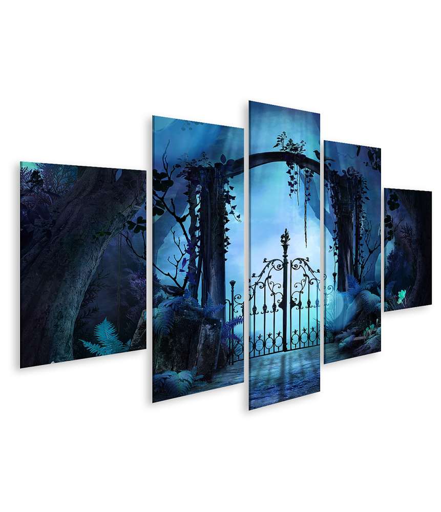 Islandburner Verzauberter Fantasy-Garten Leinwandbild mit traumhafter Landschaft und Torbogen