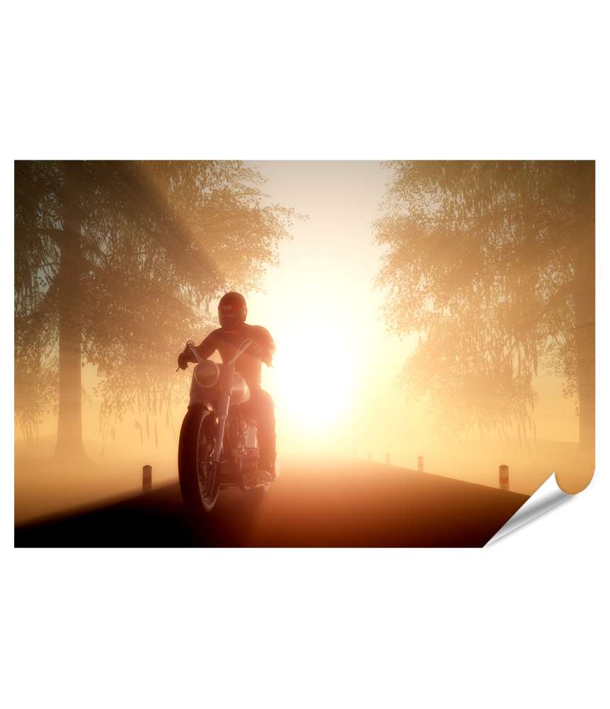 Premium Poster Motorradfahrer auf idyllischer Landstraße im goldenen Sonnenlicht