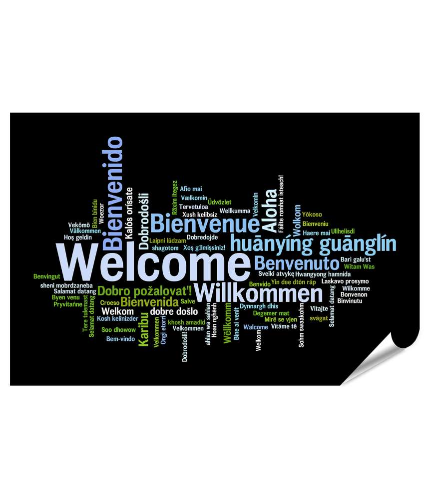 Premium Poster Begrüßungswandbild 'Willkommen' in diversen Sprachen im Eingangsbereich