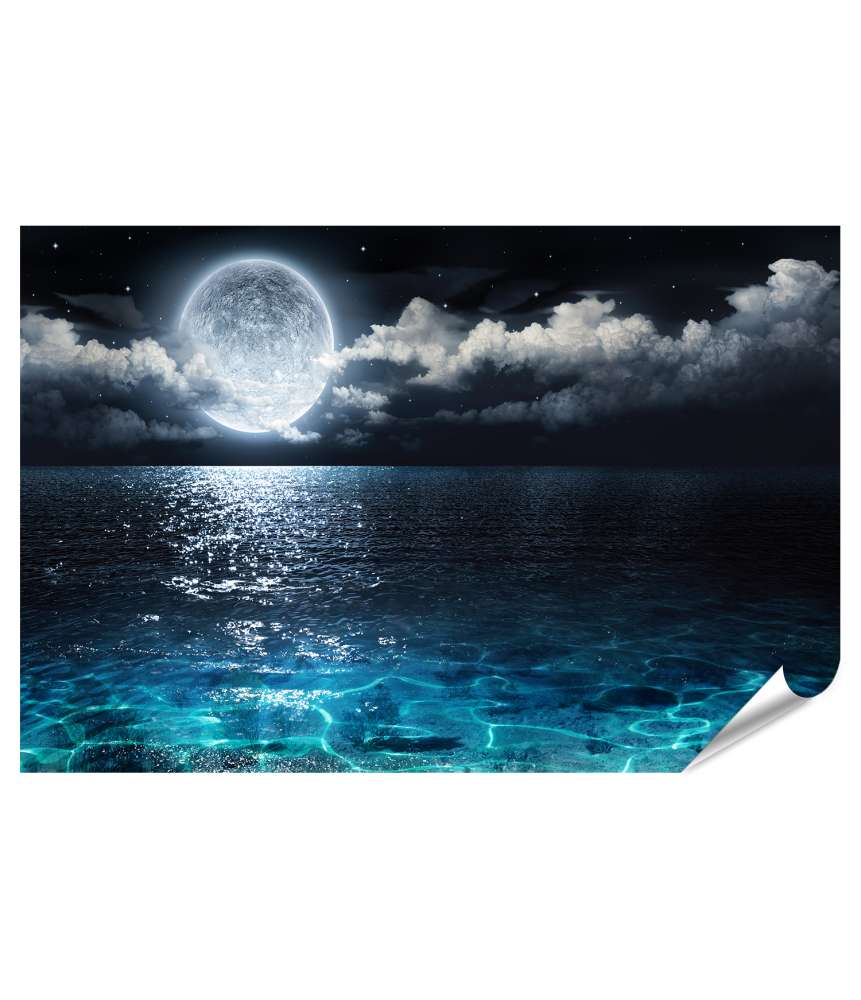 Islandburner Premium Poster Wandbild: Vollmond über dem Meer in einer klaren Nacht