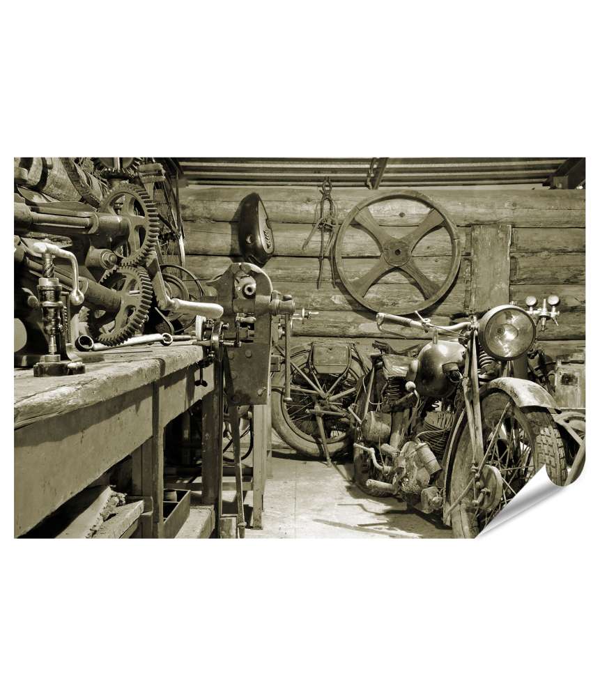 Islandburner Premium Poster Vintage-Motorrad und Werkzeuge in einer nostalgischen Garagenwerkstatt