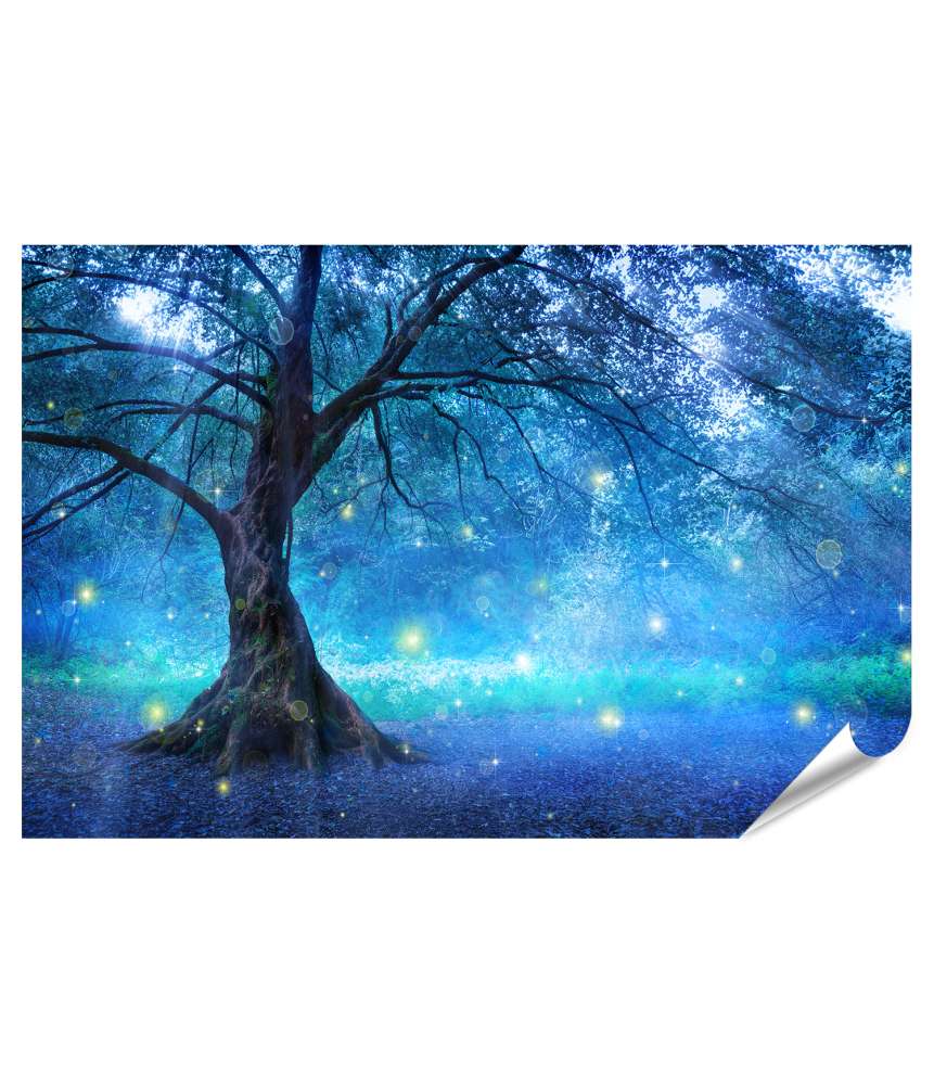 Islandburner Premium Poster Mystischer blauer Baum im verzauberten Wald-Wandbild