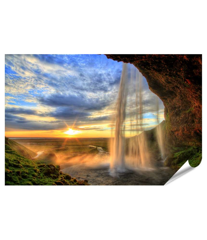 Islandburner Premium Poster Sonnenuntergang am Seljalandsfoss Wasserfall in Island