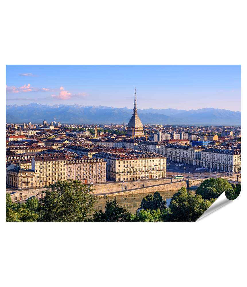 Islandburner Premium Poster Panoramablick auf Turins Stadtzentrum mit Mole Antonelliana Turm und Alpen