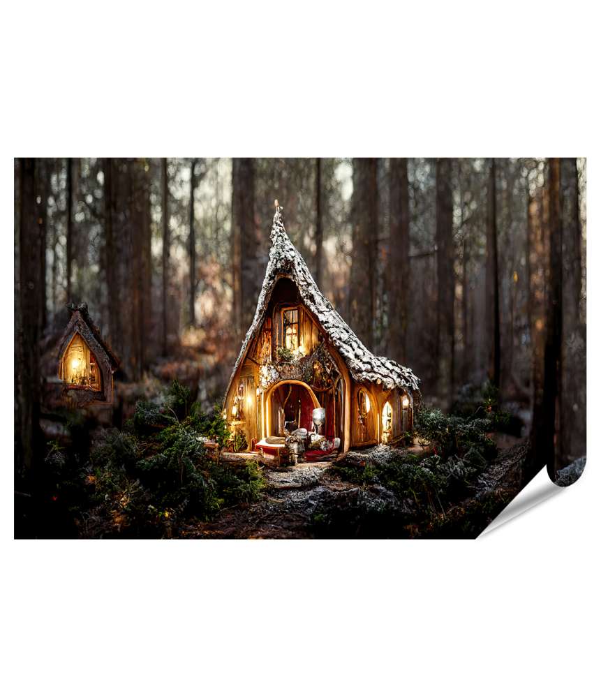 Islandburner Premium Poster Schön geschmücktes Weihnachtshaus des Weihnachtsmanns im Zauberwald