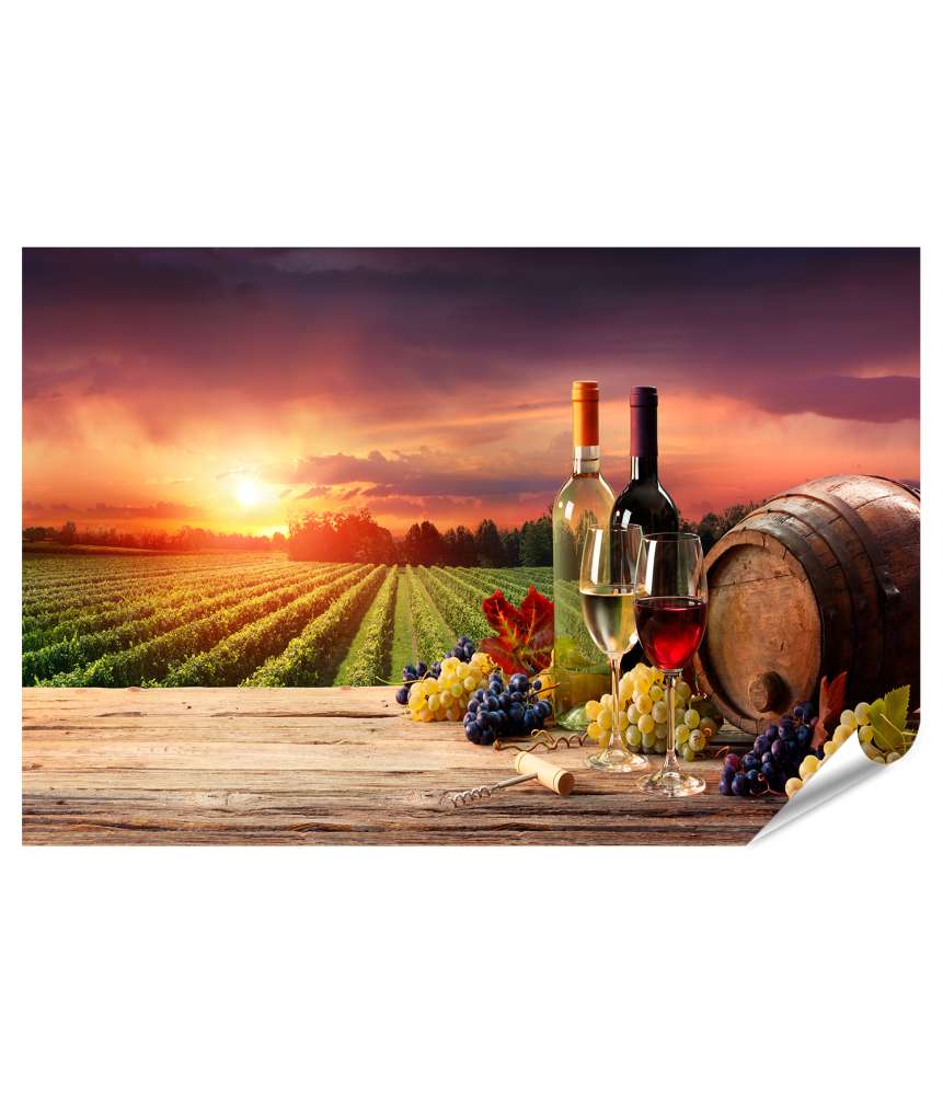 Islandburner Premium Poster Wandbild mit Weinberg, Fass, Flasche und Weingläsern im Sonnenlicht