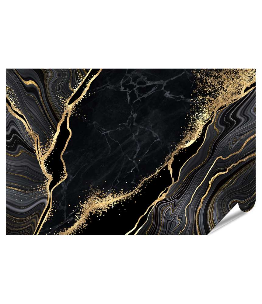 Islandburner Premium Poster Abstrakter Wandbild: Schwarzer Marmor mit goldenen Adern, japanischer Stil