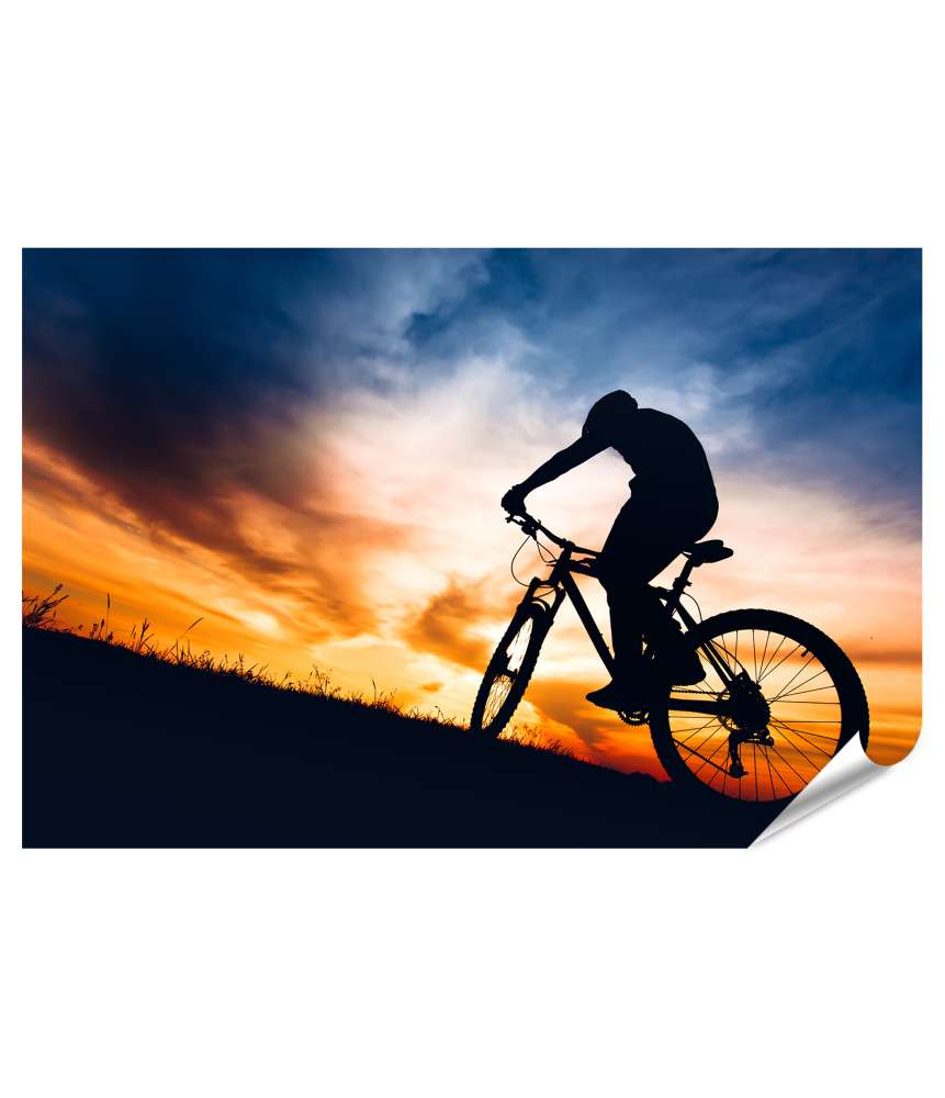 Islandburner Premium Poster Silhouette eines Sportlers auf Mountainbike beim Sonnenuntergang auf einem Hügel