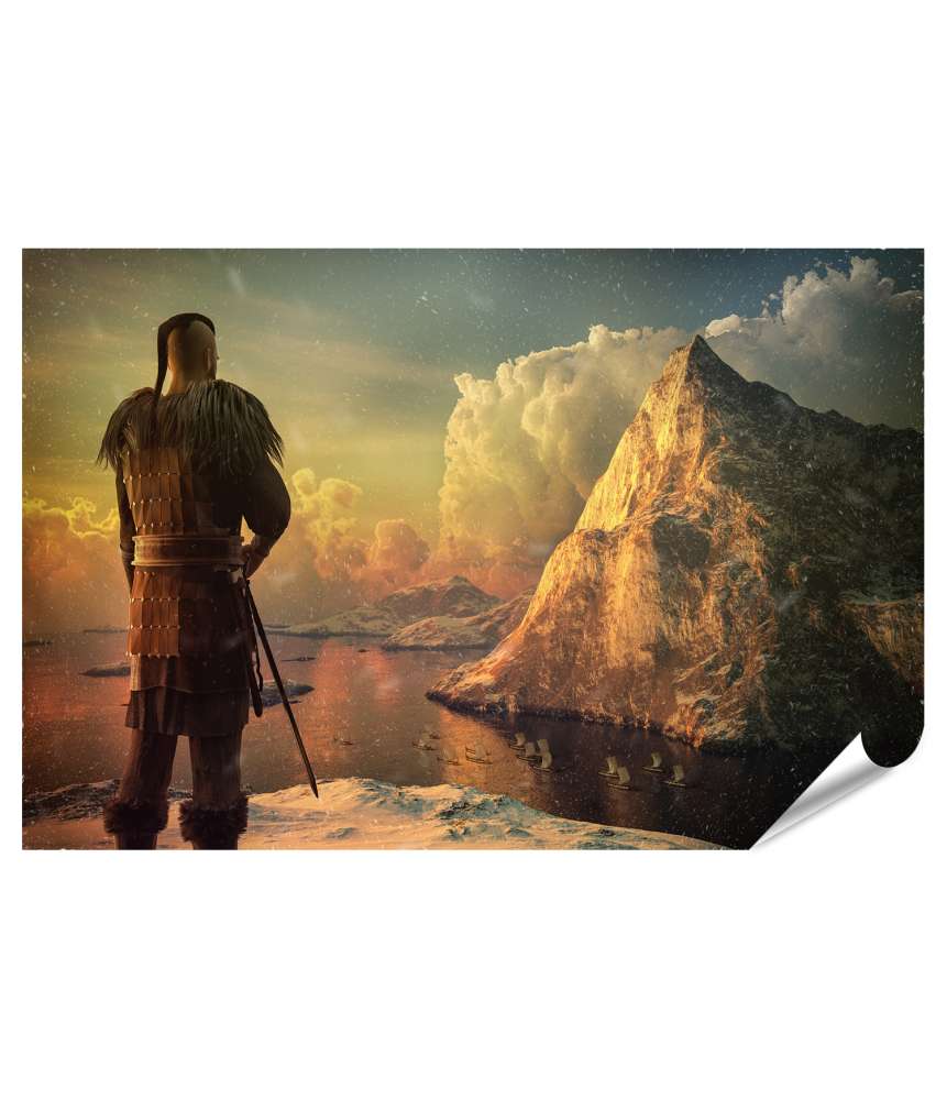 Islandburner Premium Poster Wikinger-Krieger schaut majestätisch auf einen Berg - Wandbild