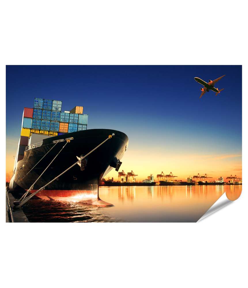 Islandburner Premium Poster Morgenlicht beleuchtet Containerschiff im Import-Export Hafen auf Wandbild