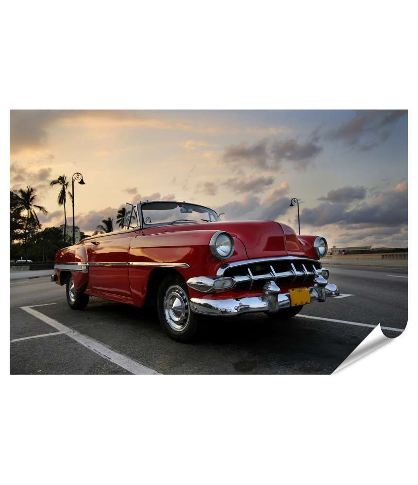 Islandburner Premium Poster Rotes Auto vor malerischem Sonnenuntergang in Havanna