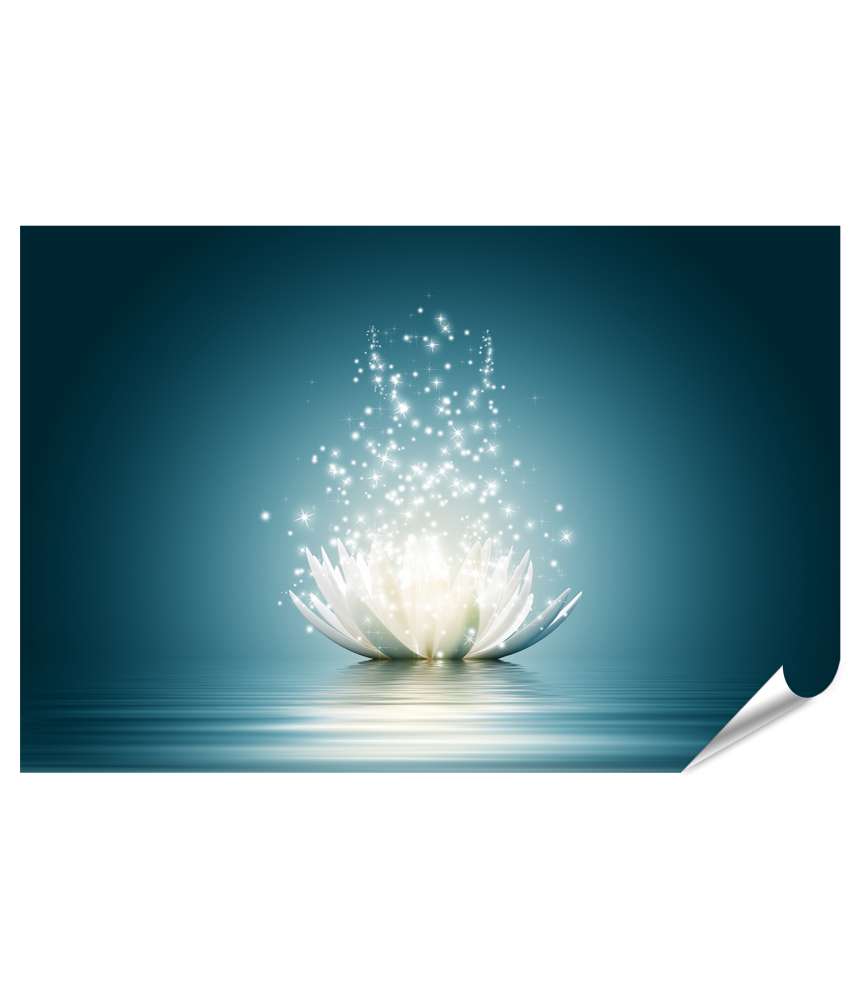 Islandburner Premium Poster Glitzernde Lotusblume vor einem leuchtend blauen Hintergrund