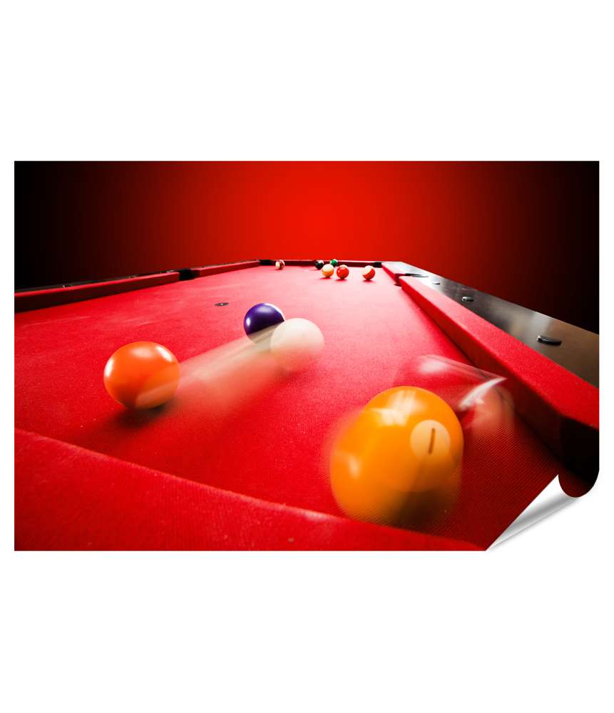 Islandburner Premium Poster Dynamische Darstellung eines laufenden Billard-Poolspiels